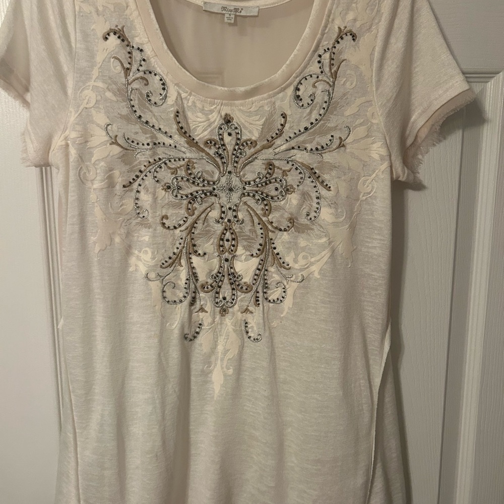 Miss Me Cream Embellished Short Sleeve Tee